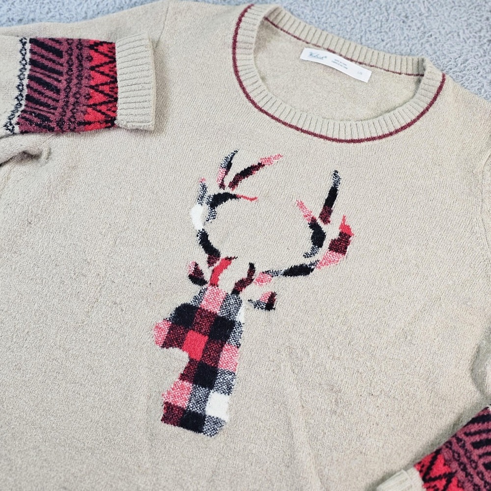 Woolrich Sweater Womens Large Beige Reindeer Plaid Ugly Christmas Knit Pullover